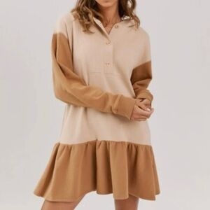 SOMETHING NAVY Hooded Sweatshirt Dress Womens Small Tan Colorblock Long Sleeve